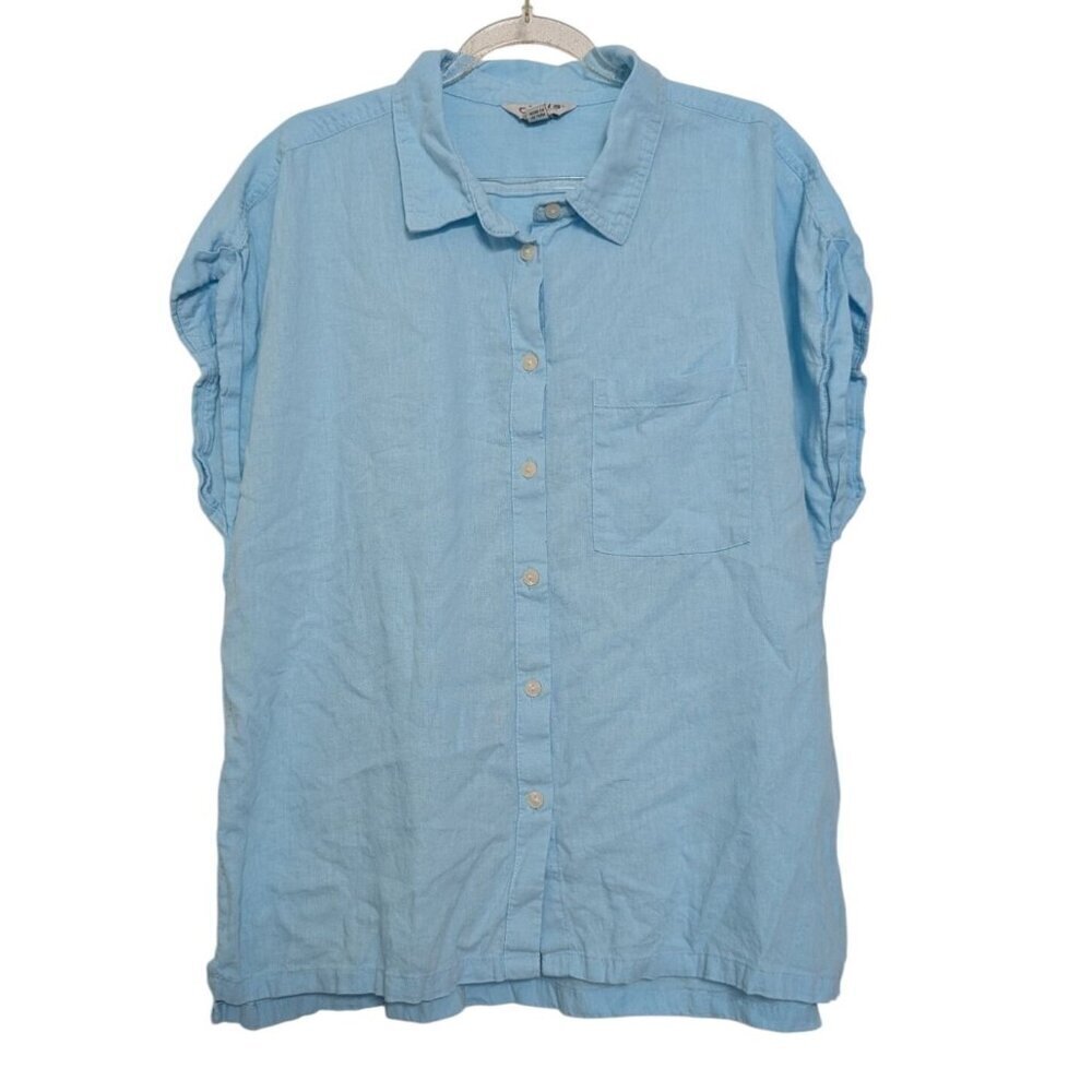 Orvis Linen Blend Shirt Womens Size Large Blue Beach Lightweight Short Sleeve